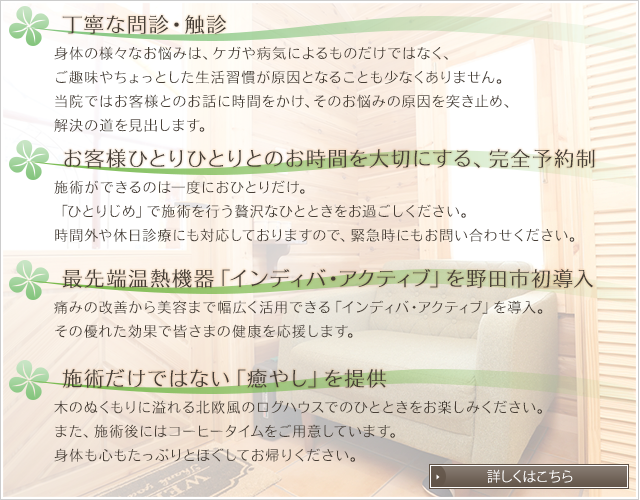 ●丁寧な問診・触診 身体の様々なお悩みは、ケガや病気によるものだけではなく、ご趣味やちょっとした生活習慣が原因となることも少なくありません。 当院ではお客様とのお話に時間をかけ、そのお悩みの原因を突き止め、解決の道を見出します。   ●お客様ひとりひとりとのお時間を大切にする、完全予約制 施術ができるのは一度におひとりだけ。「ひとりじめ」で施術を行う贅沢なひとときをお過ごしください。時間外や休日診療にも対応しておりますので、緊急時にもお問い合わせください。   ●最先端温熱機器「インディバ・アクティブ」を野田市初導入 痛みの改善から美容まで幅広く活用できる最先端技術「インディバ・アクティブ」を導入。その優れた効果で皆さまの健康を応援します。   ●施術だけではない「癒やし」を提供 木のぬくもりに溢れる北欧風のログハウスでのひとときをお楽しみください。